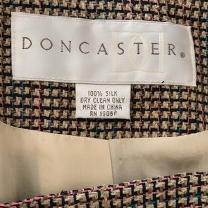 Vintage silk tweed skirt suit by Doncaster. tan, brown coral + turquoise colors